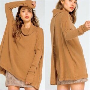 We The Free Brown Ribbed Cowl Neck Top Cozy Boho Pullover Size Small